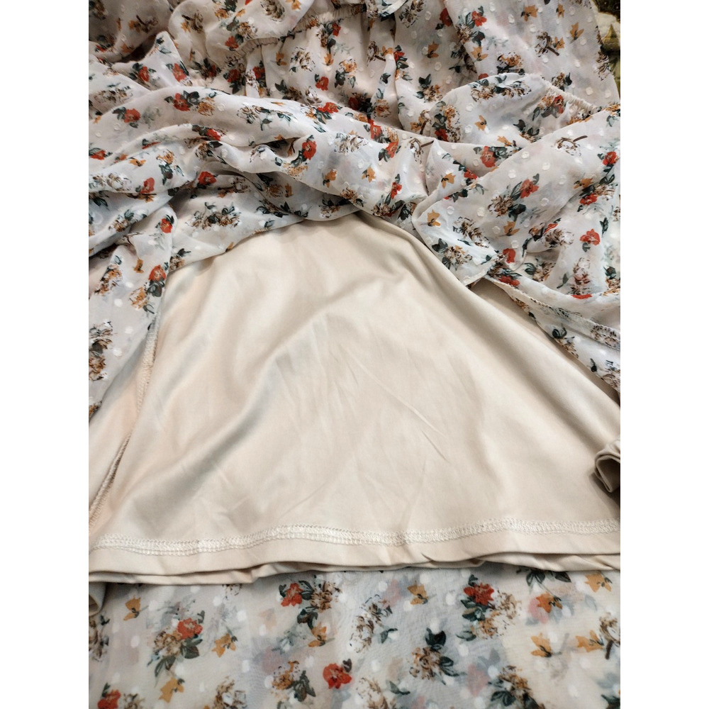 SPLASH Floral Dots Sheer Long Sleeves Ruffle Dress Ivory Green Orange Lined 14 - Picture 15 of 15